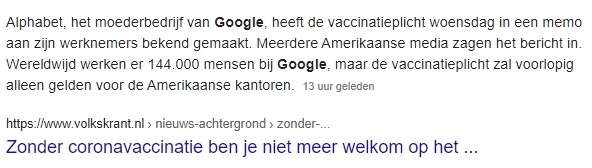 verplichte vaccinatie voor Google medewerkers 28-07-21 Volkskrant